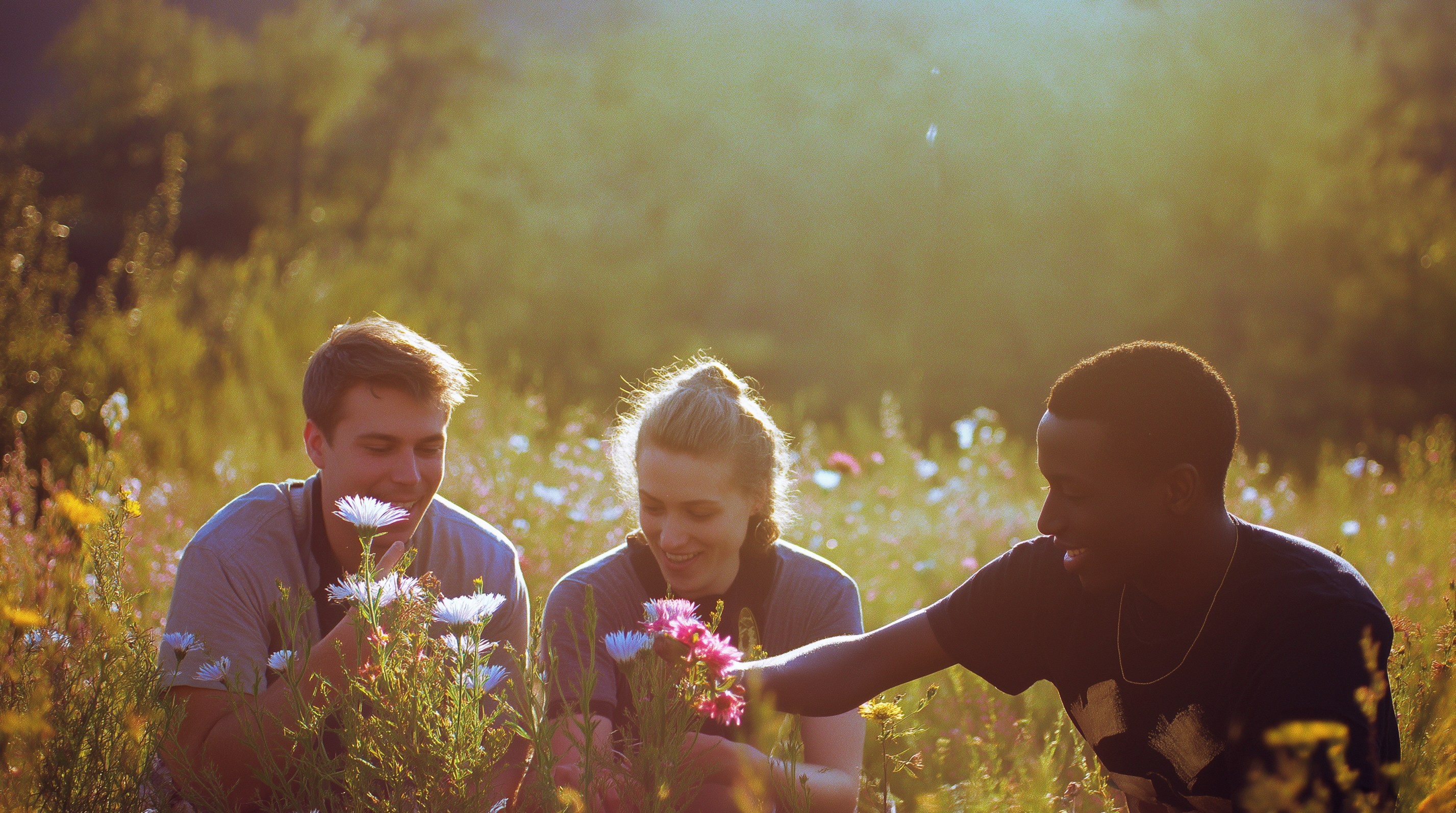 Queer friends gathering together in a wildflower meadow during golden hour